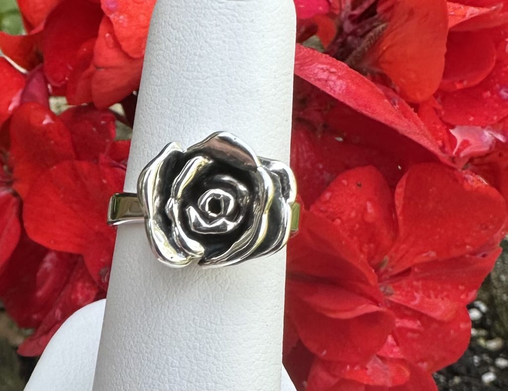 Lori Hart: Sterling silver rose ring.