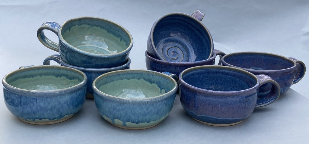 Chowder Bowls. Wheel thrown stoneware. Size : 5 inches width (plus handle) x 3 inches height. Price range : $40-$48 each. Glaze colors, sizes, and prices vary